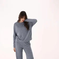 Damenpullover mit Bateau-Ausschnitt aus meliertem Jersey><noscript><img width=