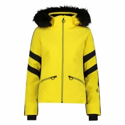 Damen-Skijacke aus Twill mit abnehmbarer Kapuze und Kunstfellbesatz><noscript><img width=