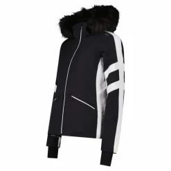Damen-Skijacke aus Twill mit abnehmbarer Kapuze und Kunstfellbesatz><noscript><img width=
