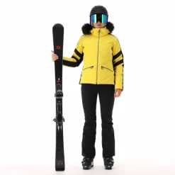 Damen-Skijacke aus Twill mit abnehmbarer Kapuze und Kunstfellbesatz><noscript><img width=