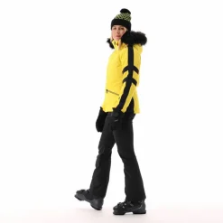 Damen-Skijacke aus Twill mit abnehmbarer Kapuze und Kunstfellbesatz><noscript><img width=
