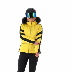 Damen-Skijacke aus Twill mit abnehmbarer Kapuze und Kunstfellbesatz><noscript><img width=
