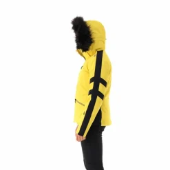 Damen-Skijacke aus Twill mit abnehmbarer Kapuze und Kunstfellbesatz><noscript><img width=