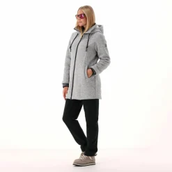 Fleece-Parka für Damen aus meliertem Knit Tech mit Kunstfell-Kapuze><noscript><img width=