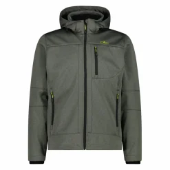 Melierte Softshell-Herrenjacke mit abnehmbarer Kapuze><noscript><img width=